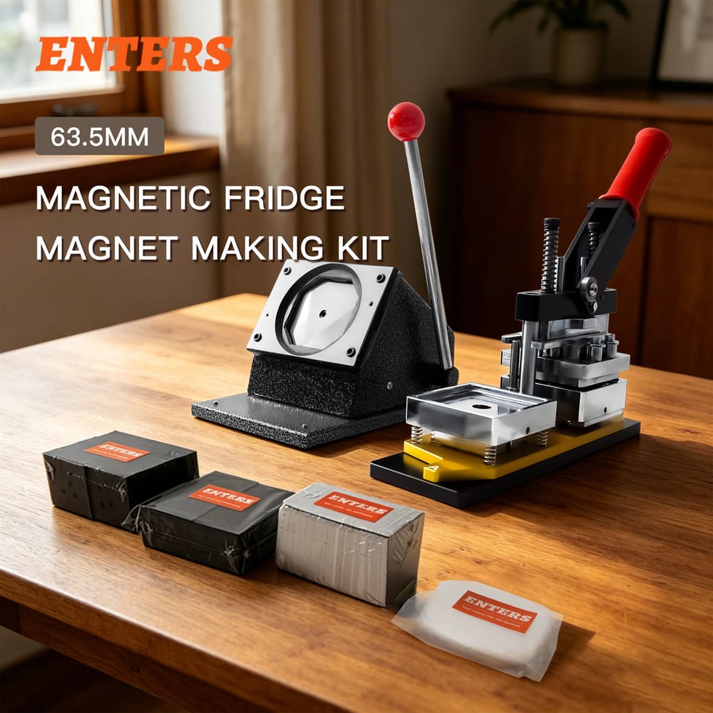 Enters 63.5mm magnetic fridge-magnet making kit — two presses and consumable blanks on a table